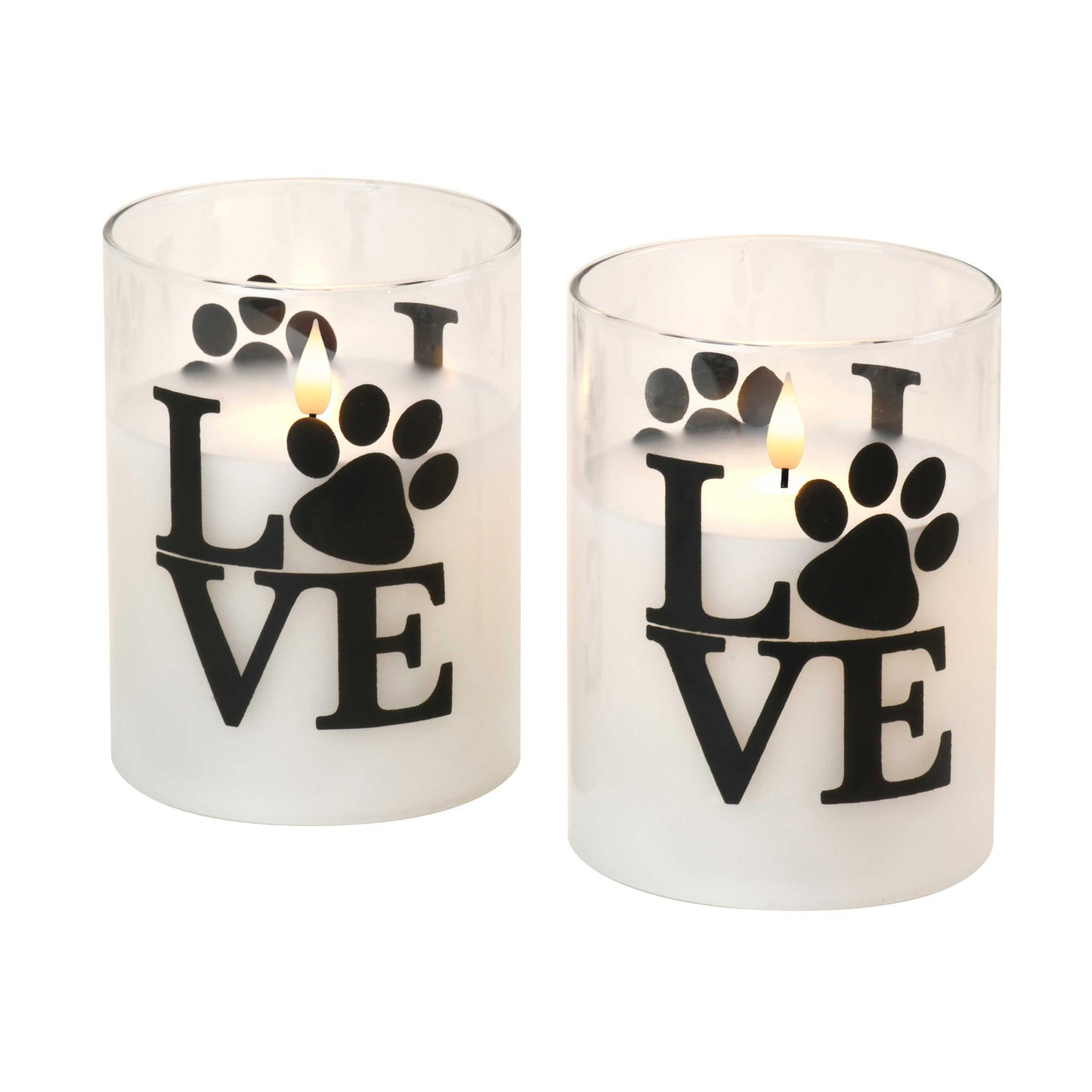 Battery-Operated LED Glass Candles with Flickering Flame, Love Paw - Set of 2