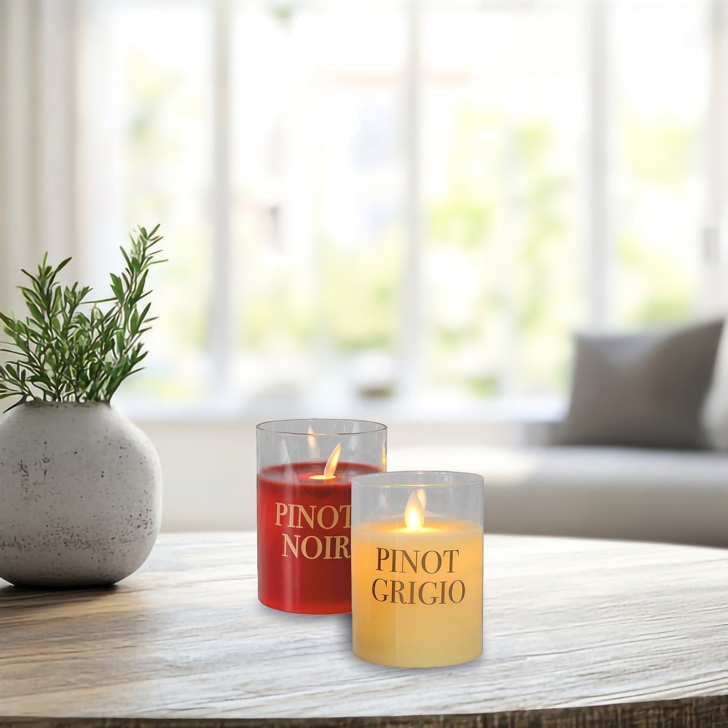 Battery Operated LED Glass Candles with Flickering Flame, Wine Names - Set of 2