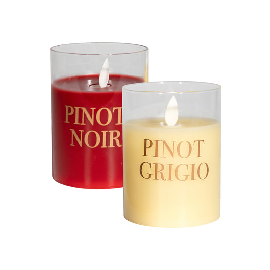 Battery-Operated LED Glass Candles with Flickering Flame, Wine Names - Set of 2
