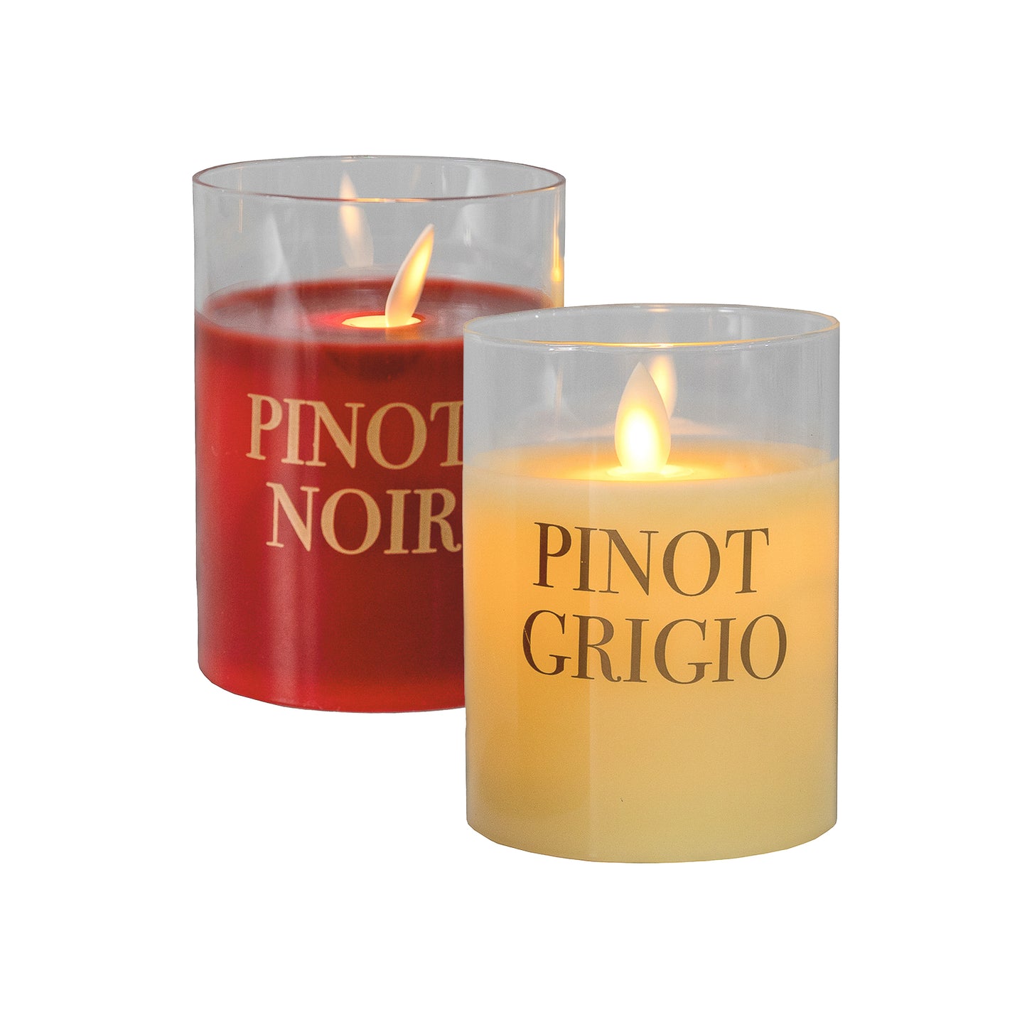 Battery Operated LED Glass Candles with Flickering Flame, Wine Names - Set of 2