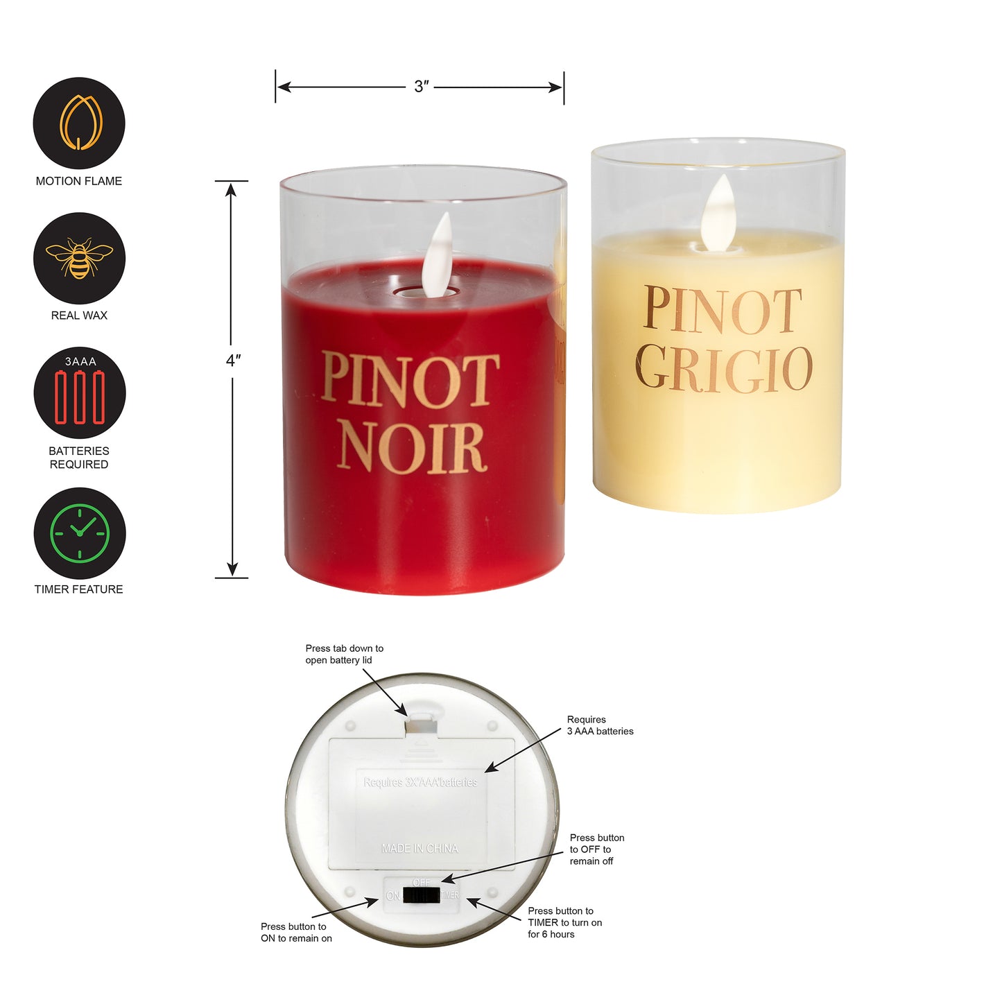 Battery Operated LED Glass Candles with Flickering Flame, Wine Names - Set of 2