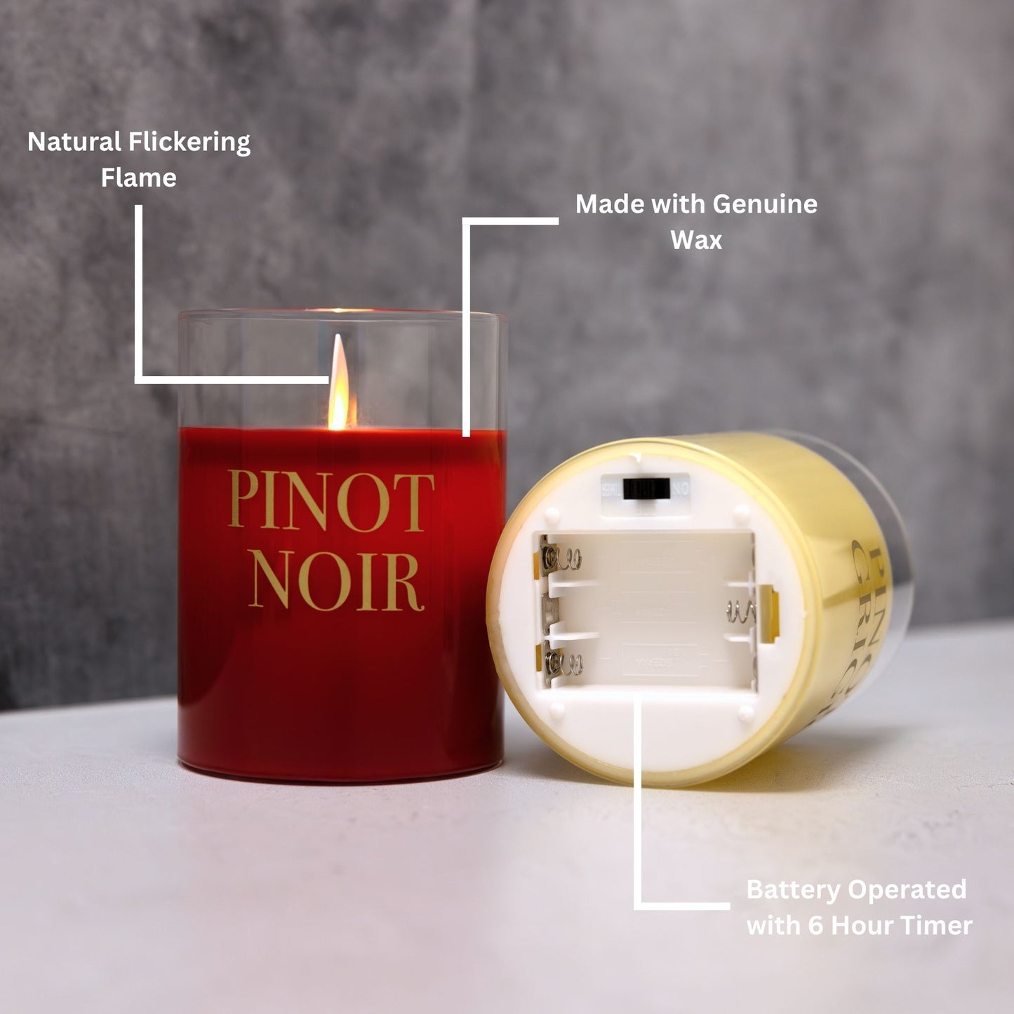 Battery Operated LED Glass Candles with Flickering Flame, Wine Names - Set of 2