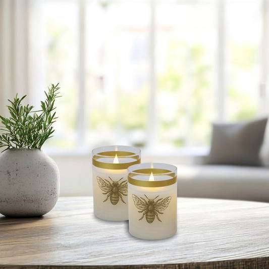Battery Operated LED Glass Candles with Flickering Flame, Honeybee - Set of 2
