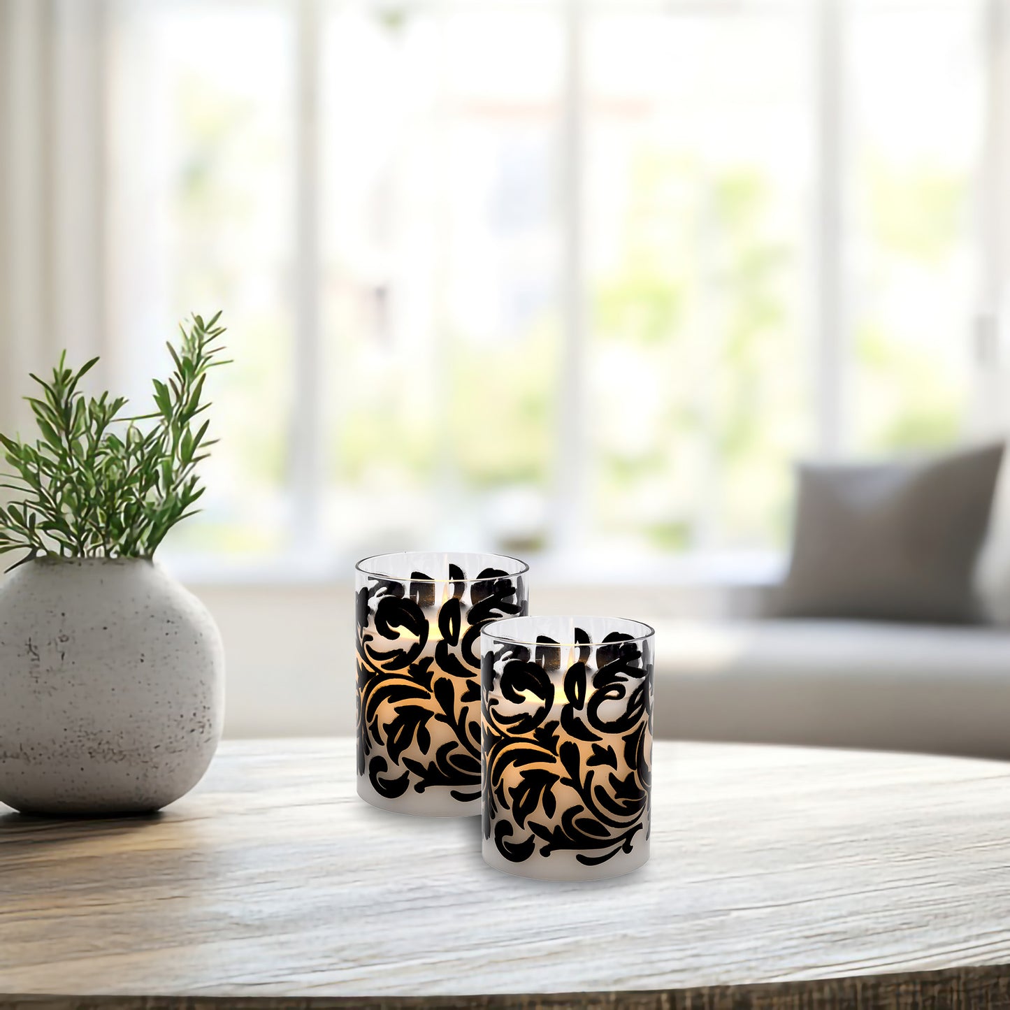 Battery Operated LED Glass Candles with Flickering Flame, Baroque Swirl - Set of 2