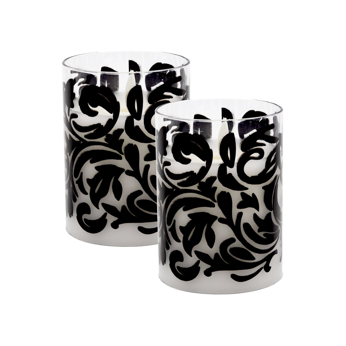 Battery Operated LED Glass Candles with Flickering Flame, Baroque Swirl - Set of 2
