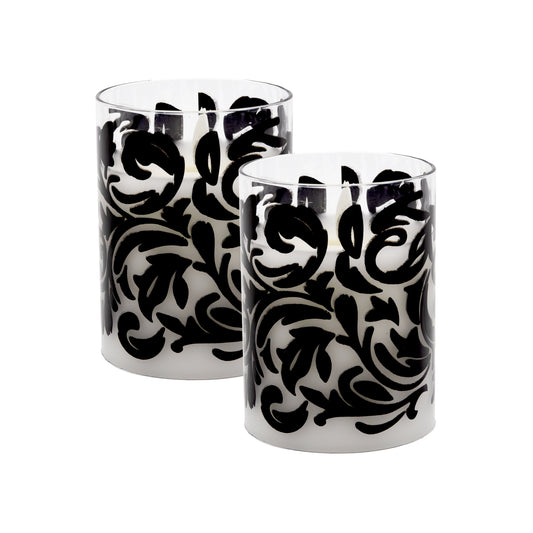 Battery-Operated LED Glass Candles with Flickering Flame, Baroque Swirl - Set of 2