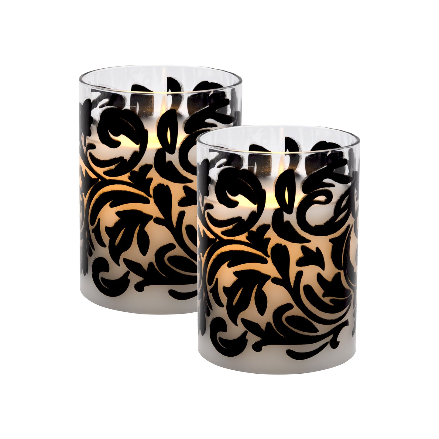 Battery Operated LED Glass Candles with Flickering Flame, Baroque Swirl - Set of 2