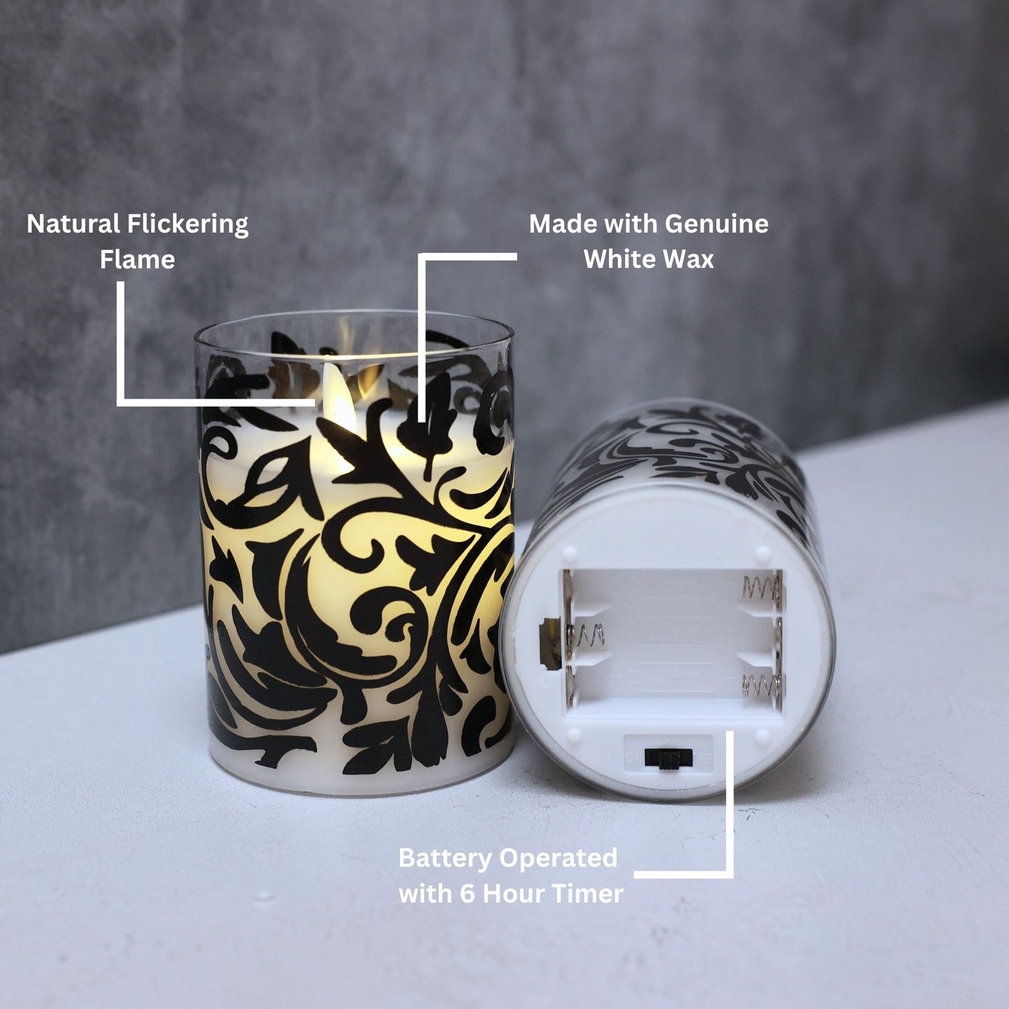 Battery Operated LED Glass Candles with Flickering Flame, Baroque Swirl - Set of 2
