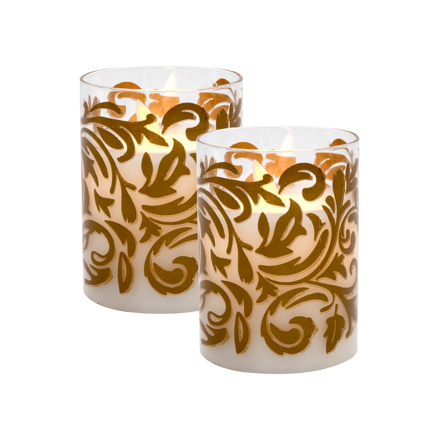 Battery Operated LED Glass Candles with Flickering Flame, Baroque Swirl - Set of 2
