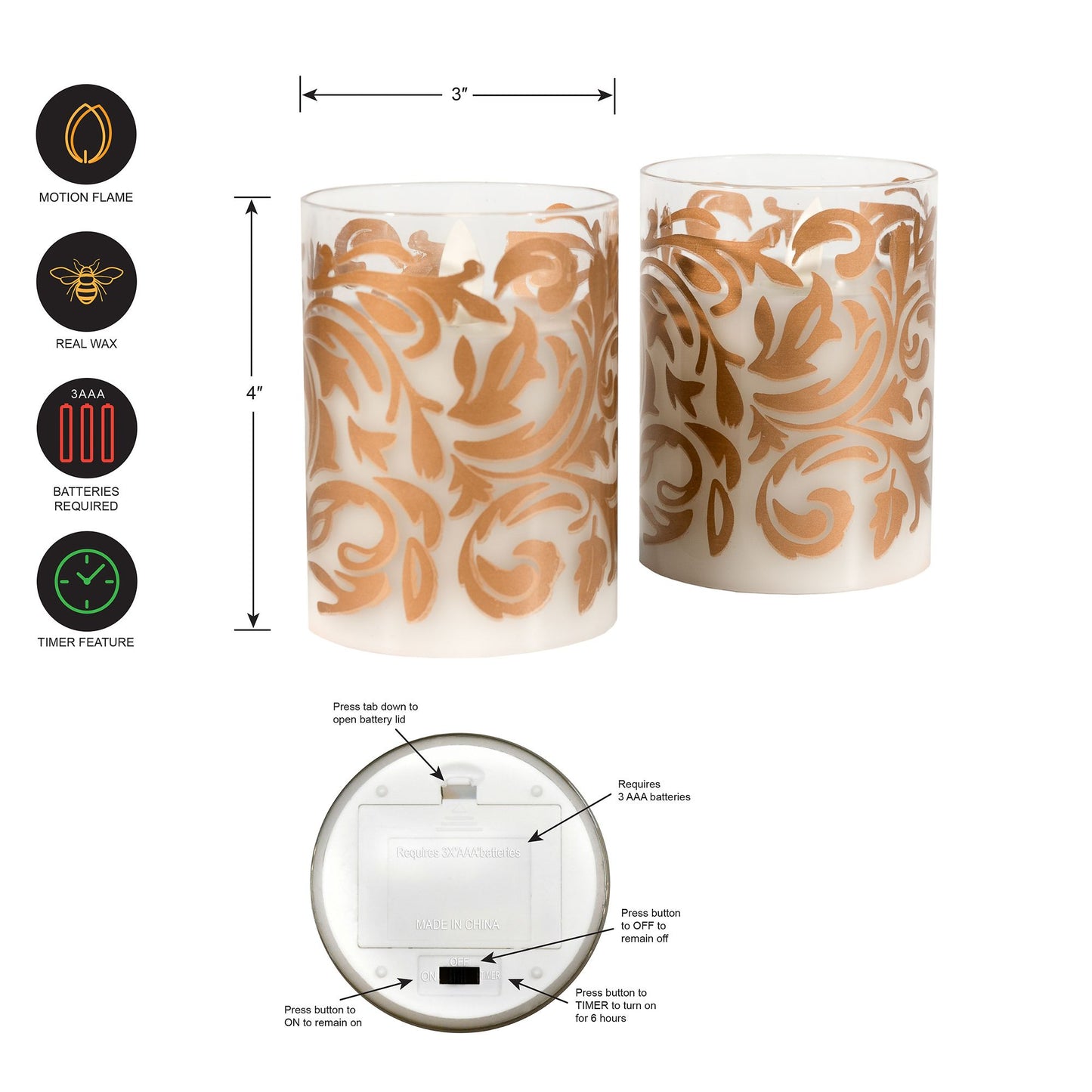 Battery-Operated LED Glass Candles with Flickering Flame, Baroque Swirl - Set of 2