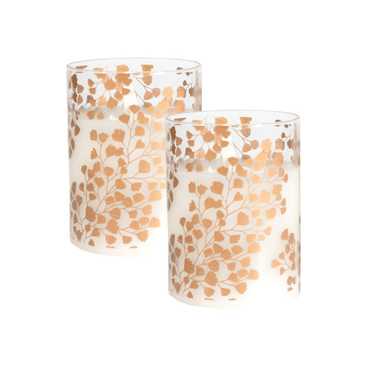 Battery-Operated LED Glass Candles with Flickering Flame, Fern- Set of 2