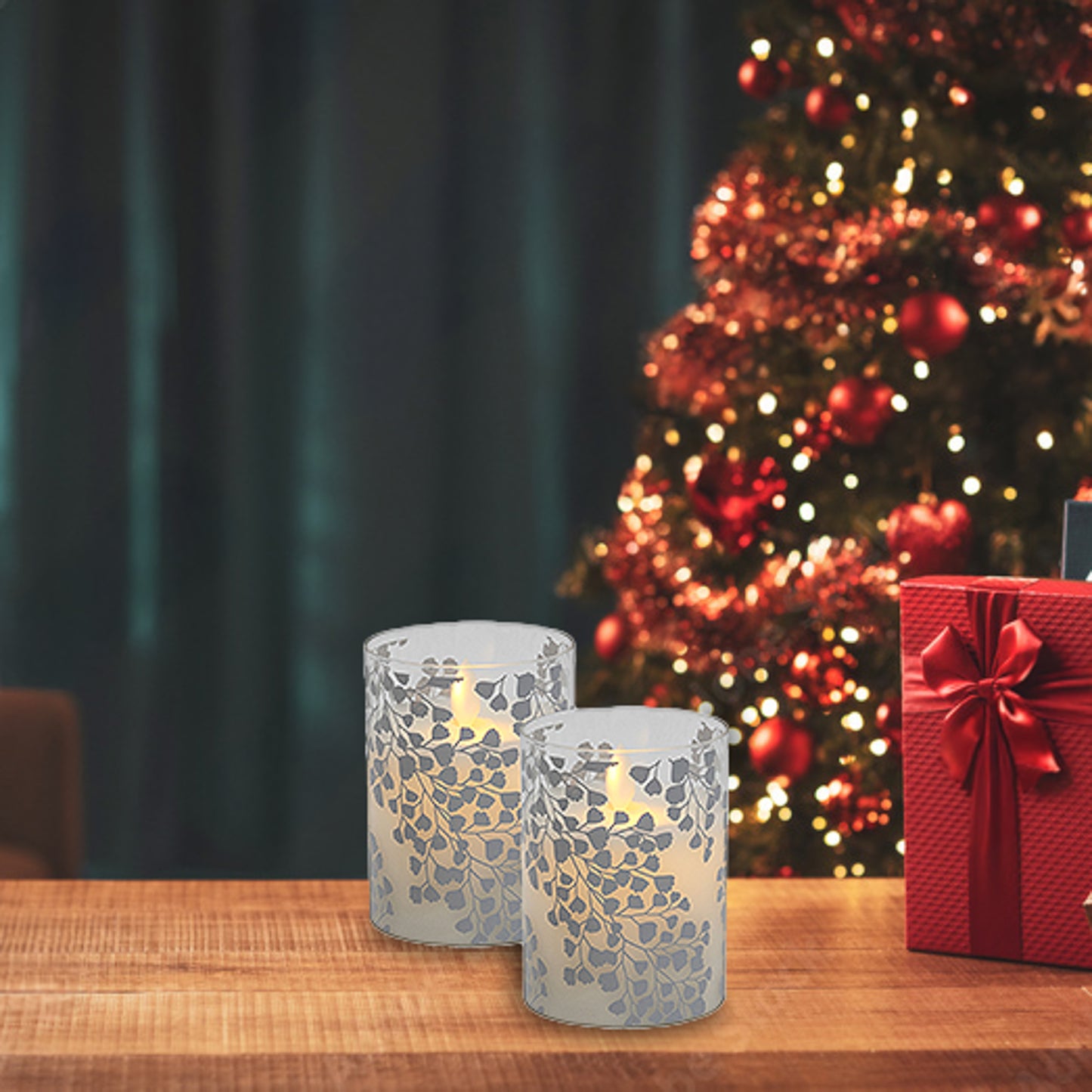Battery-Operated LED Glass Candles with Flickering Flame, Fern- Set of 2