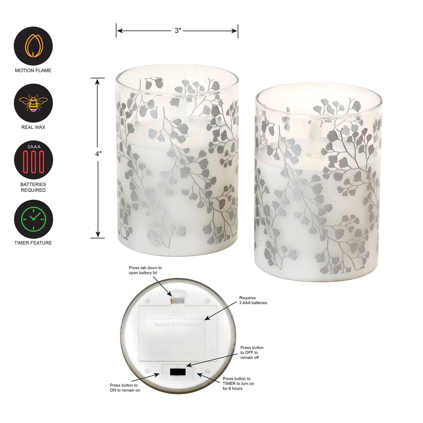 Battery-Operated LED Glass Candles with Flickering Flame, Fern- Set of 2