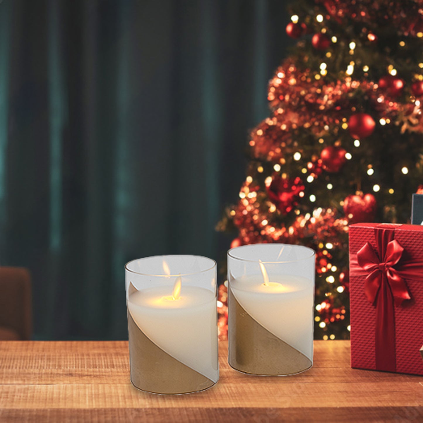 Battery-Operated LED Glass Candles with Moving Flame, Gold Accent - Set of 2