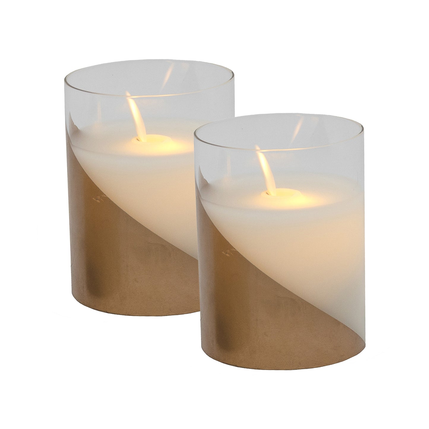 Battery-Operated LED Glass Candles with Moving Flame, Gold Accent - Set of 2