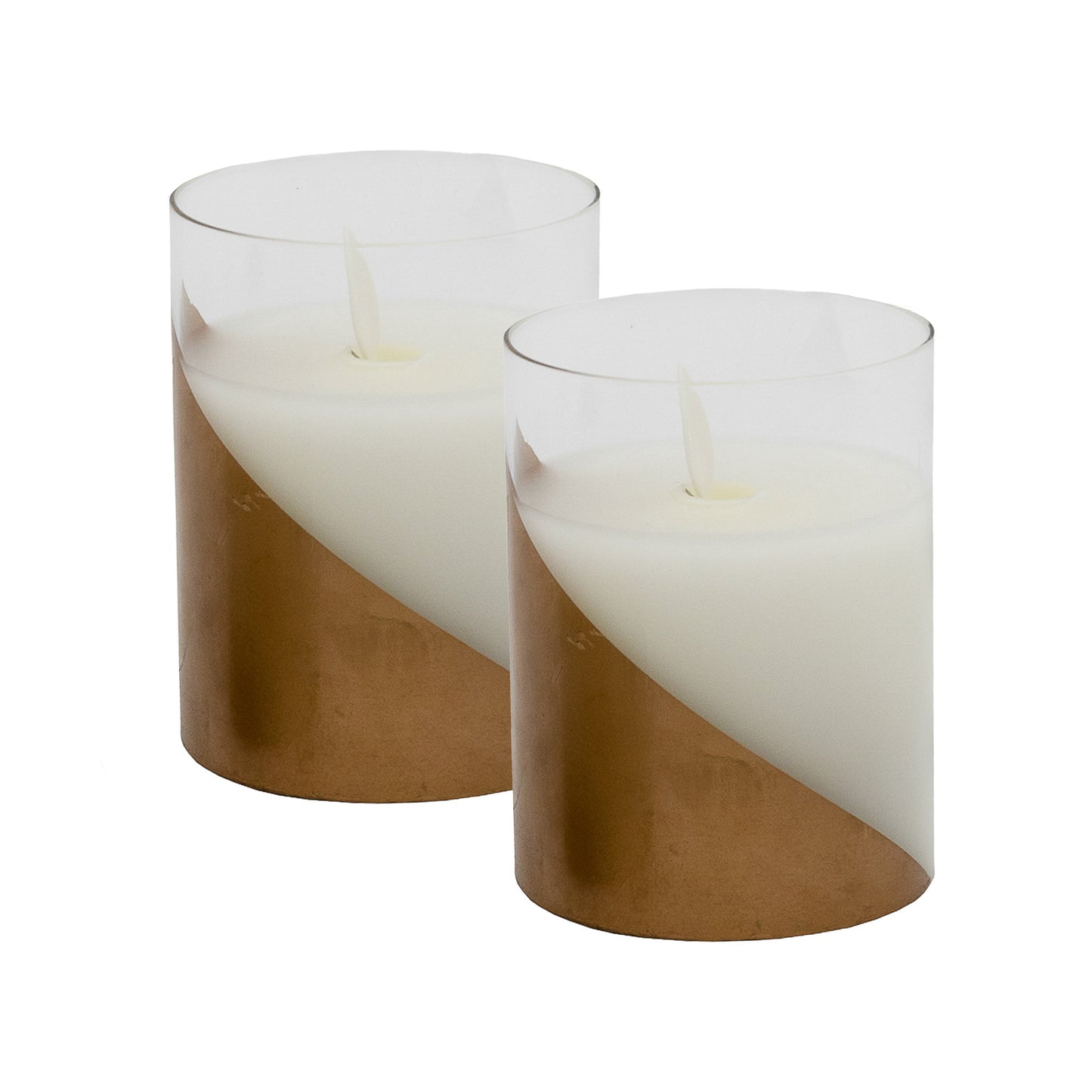 Battery-Operated LED Glass Candles with Moving Flame, Gold Accent - Set of 2