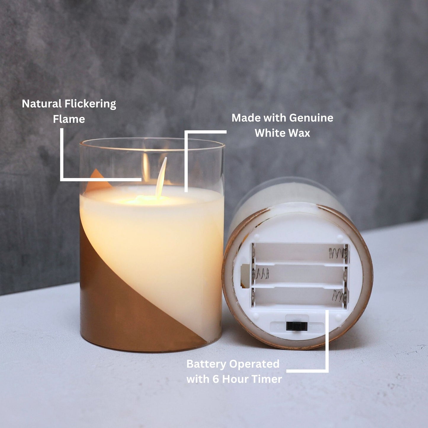 Battery-Operated LED Glass Candles with Moving Flame, Gold Accent - Set of 2