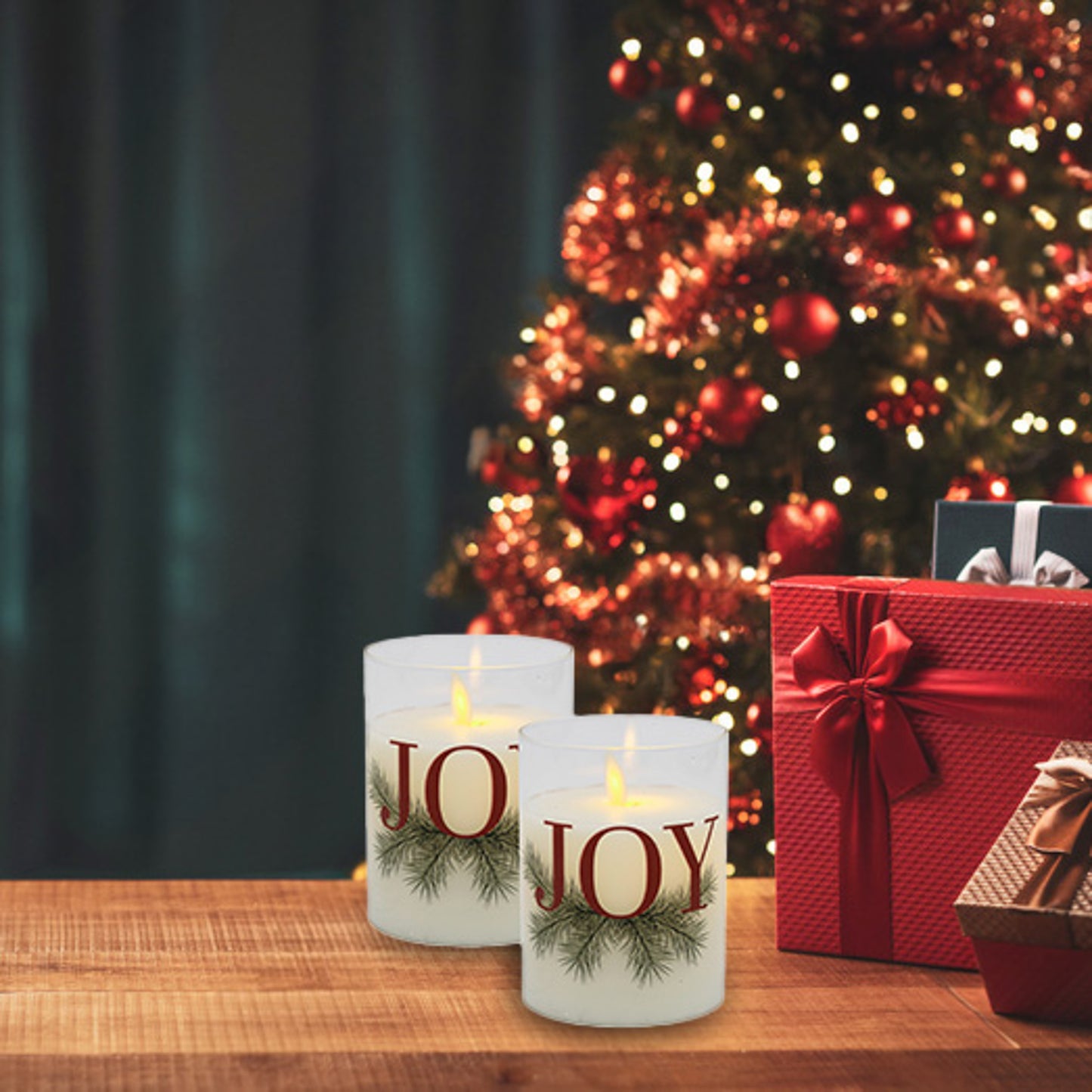 Battery Operated LED Glass Candles with Action Flame, JOY - Set of 2