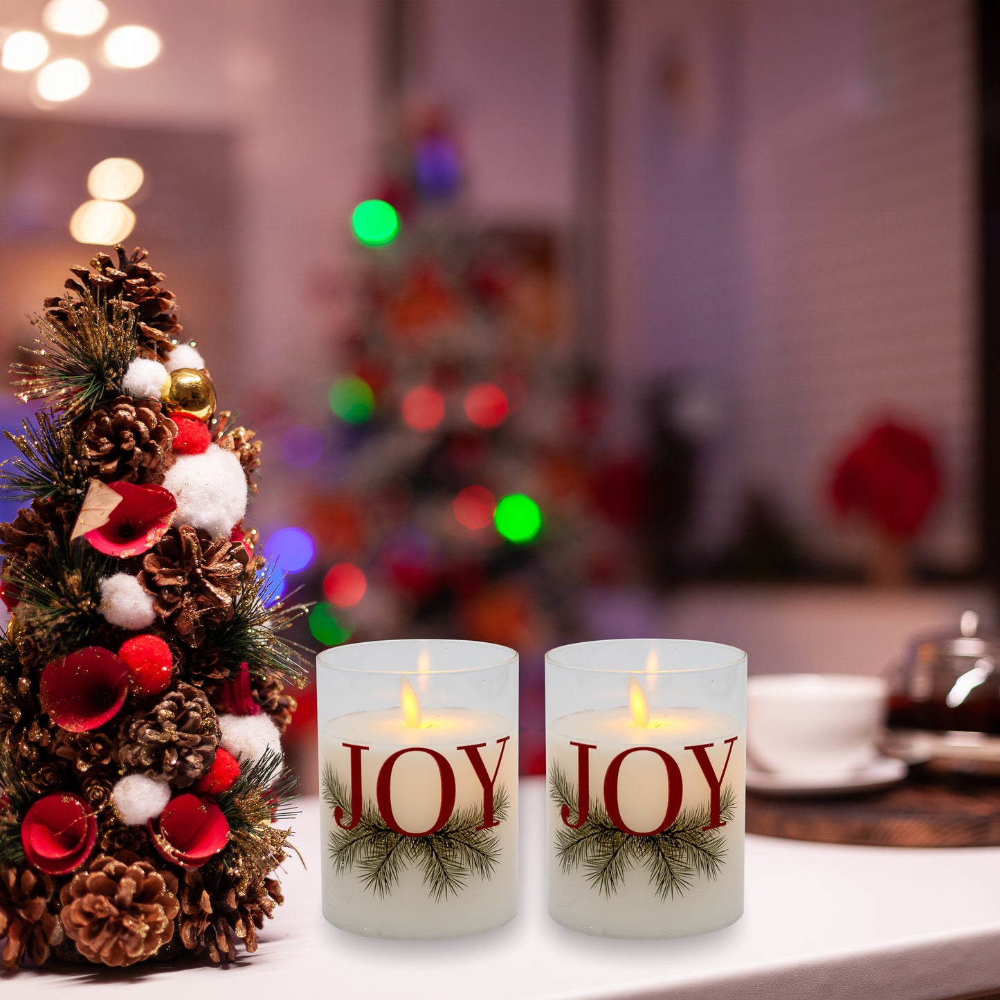 Battery Operated LED Glass Candles with Action Flame, JOY - Set of 2