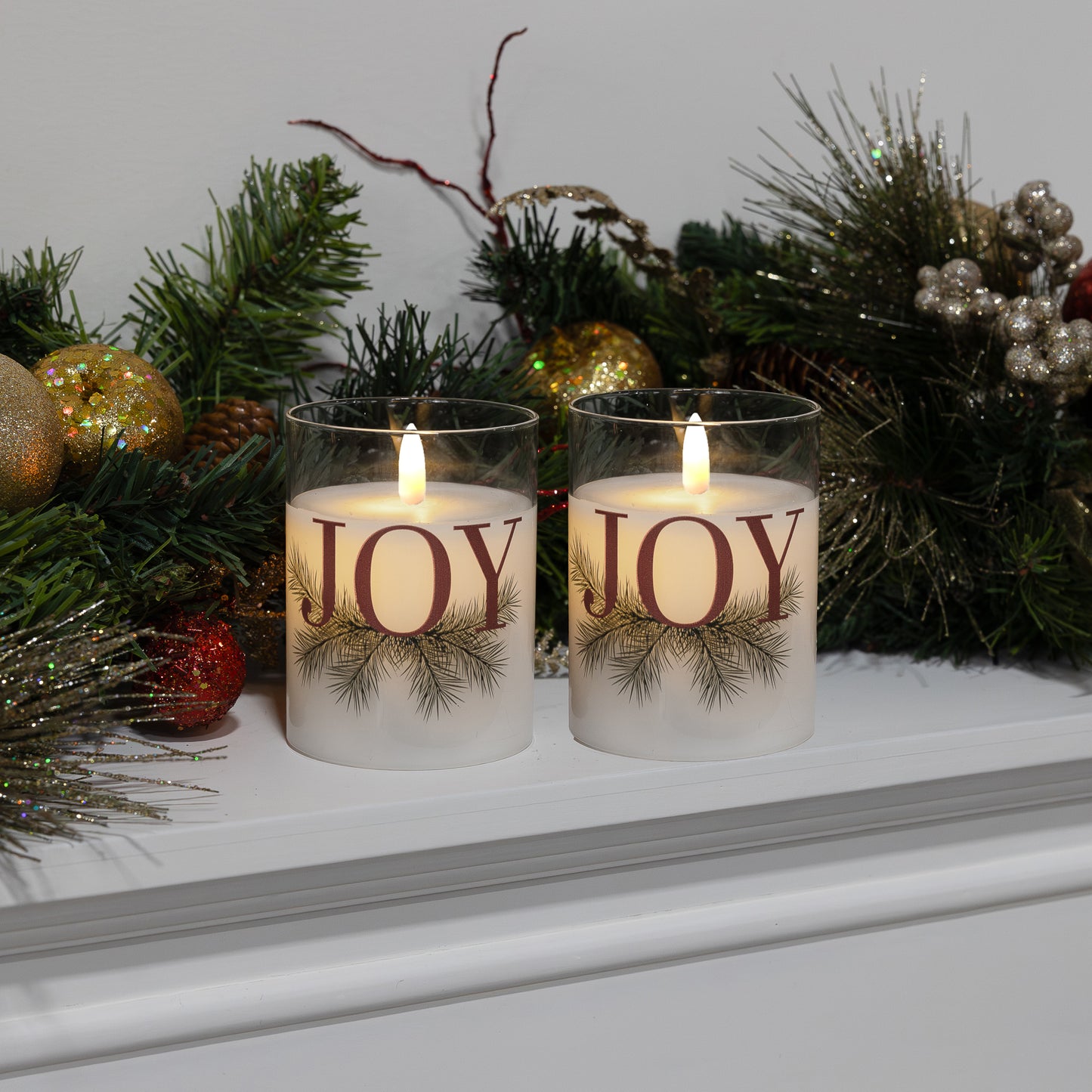 Battery Operated LED Glass Candles with Action Flame, JOY - Set of 2