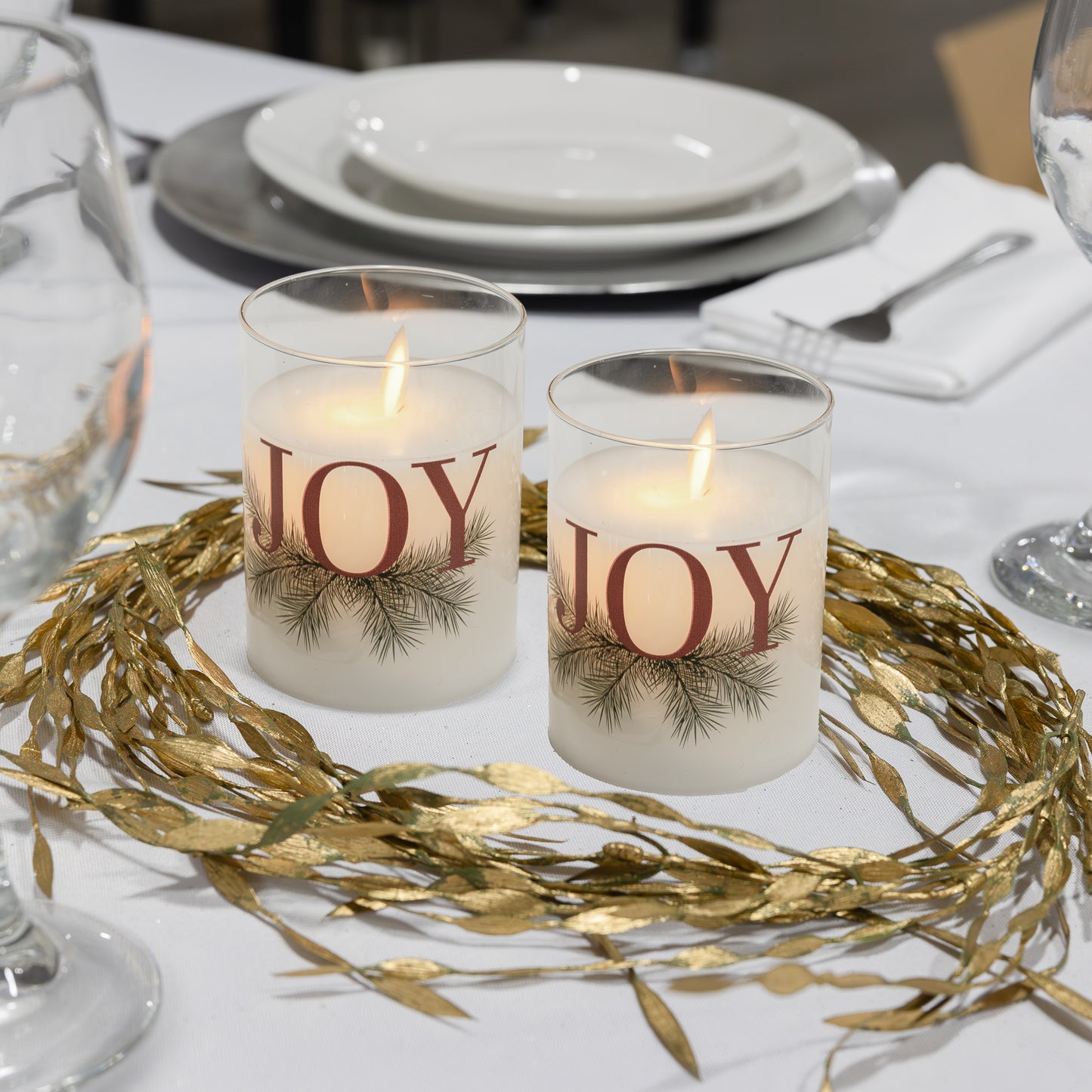 Battery Operated LED Glass Candles with Action Flame, JOY - Set of 2