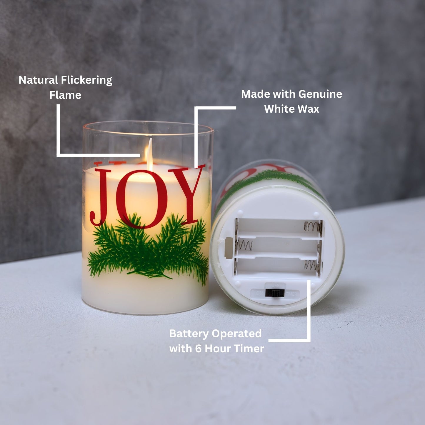 Battery Operated LED Glass Candles with Action Flame, JOY - Set of 2