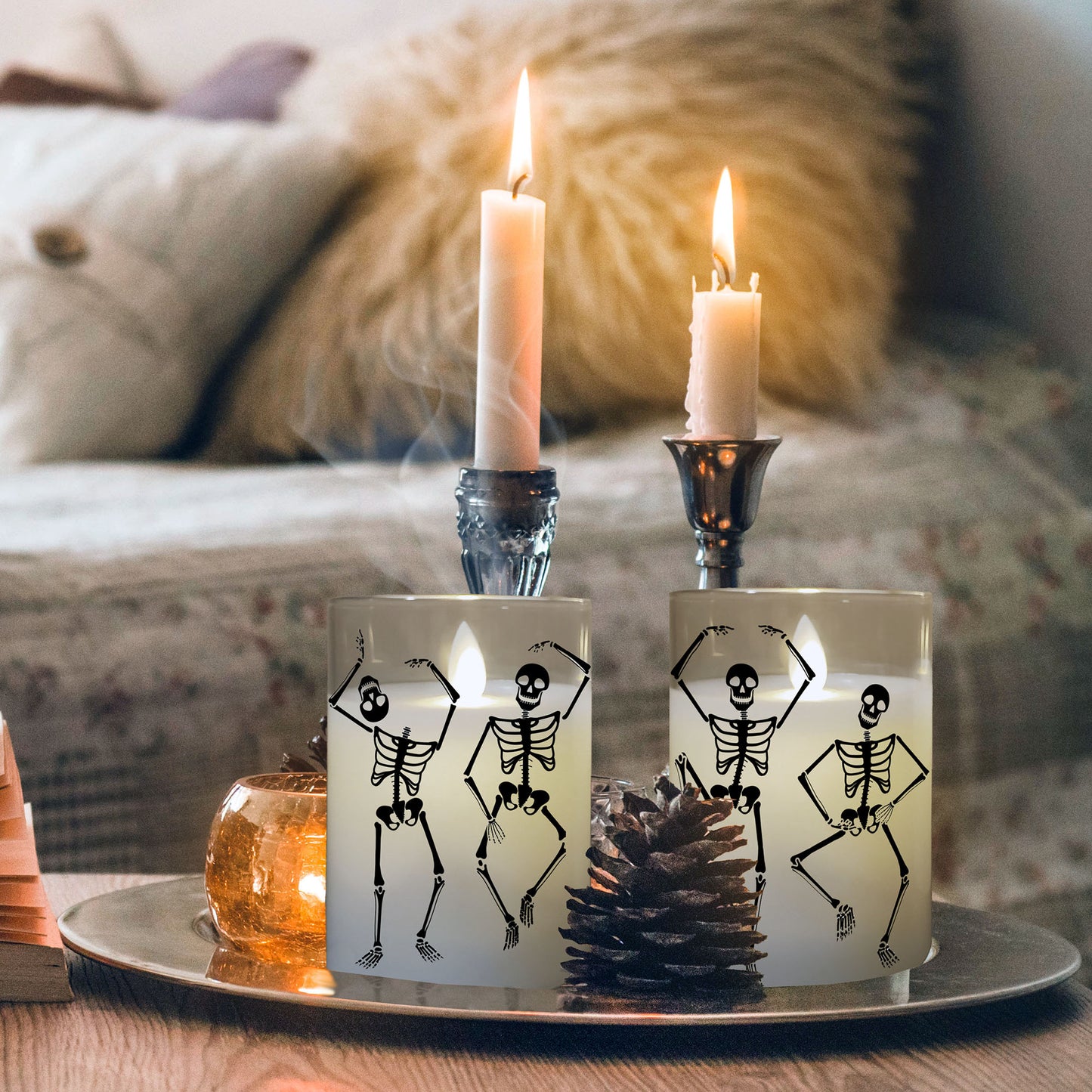 Battery Operated LED Glass Candles with Flickering Flame, Graveyard Dance - Set of 2