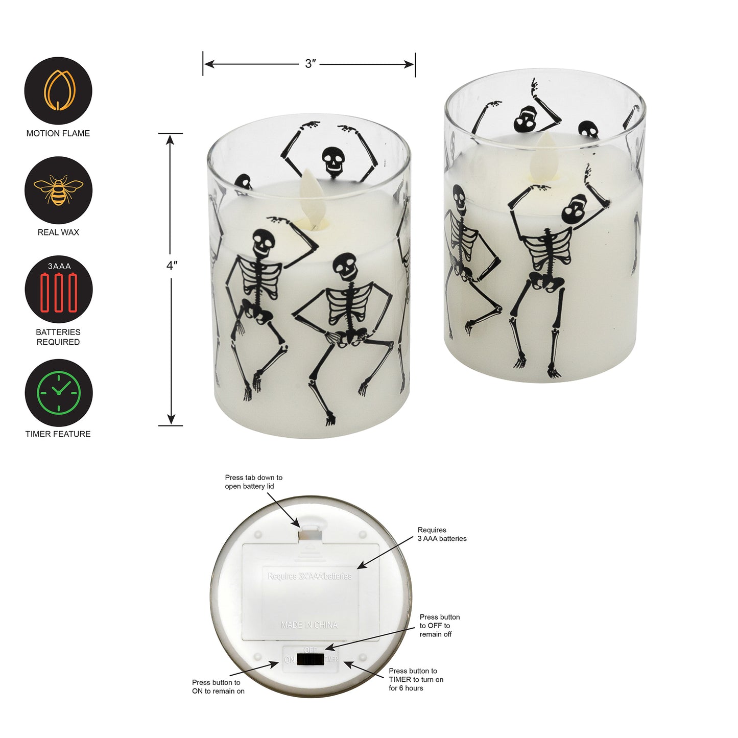 Battery Operated LED Glass Candles with Flickering Flame, Graveyard Dance - Set of 2