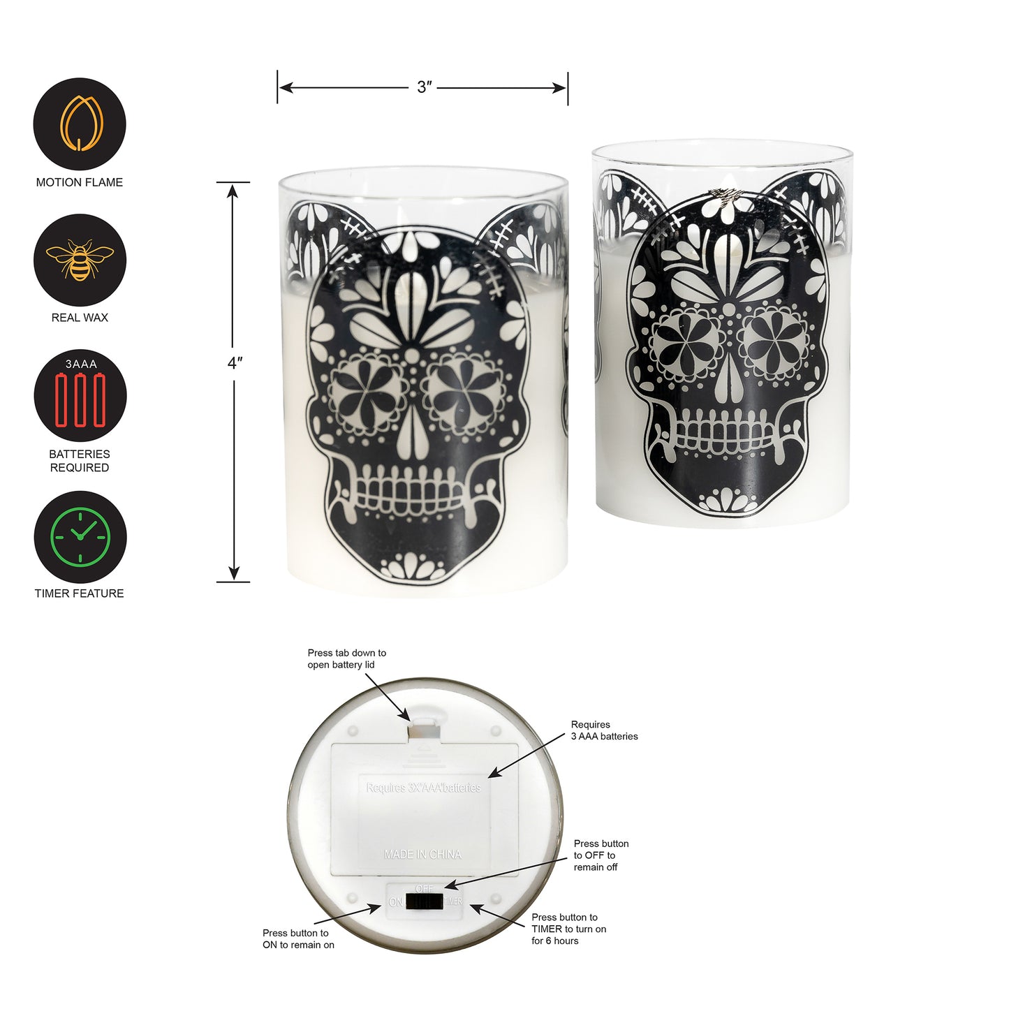 Battery-Operated LED Glass Candles with Color-Changing Flame, Sugar Skull - Set of 2