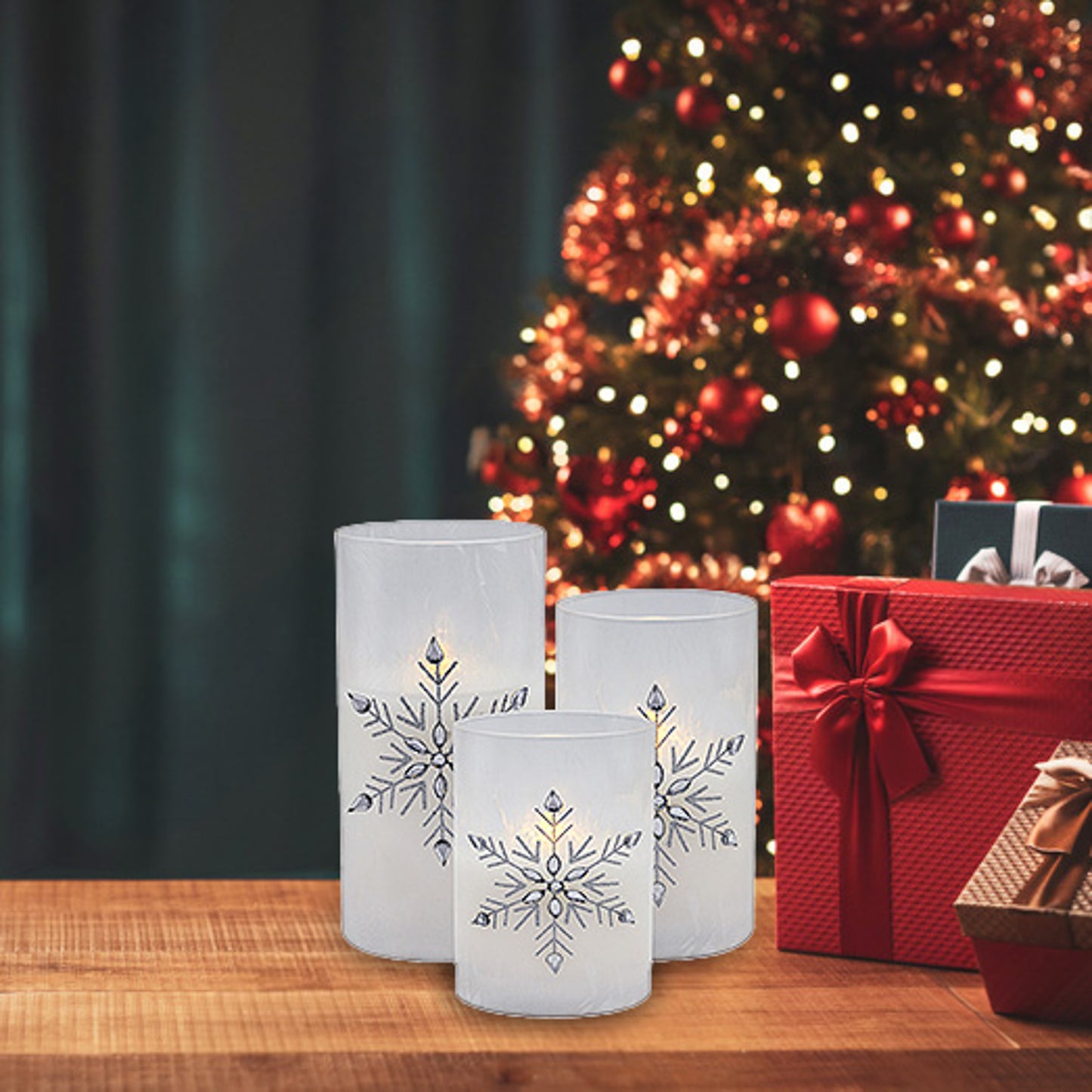 Battery Operated Glass Snowflake Hurricanes - Set of 3