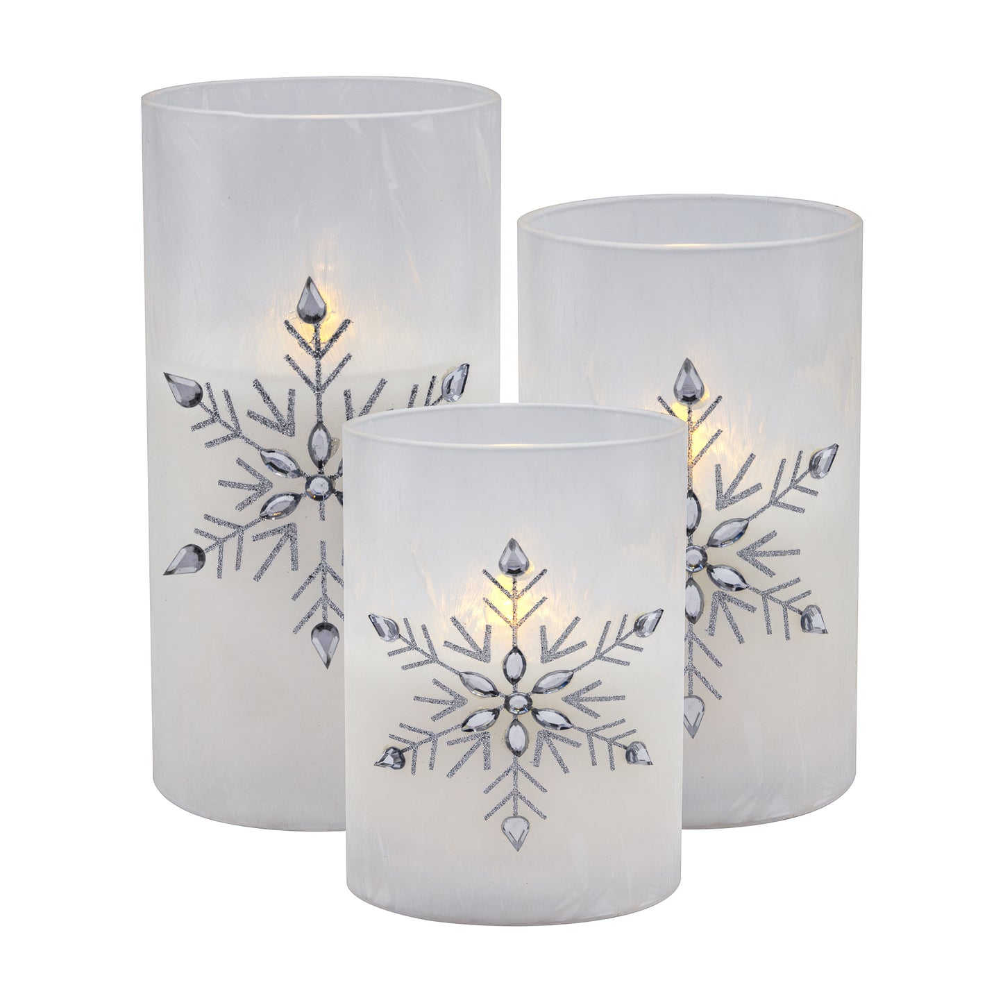 Battery Operated Glass Snowflake Hurricanes - Set of 3