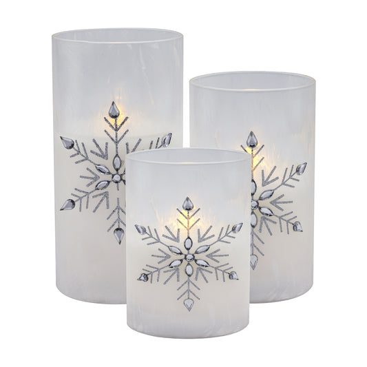 Battery Operated Glass Snowflake Hurricanes - Set of 3