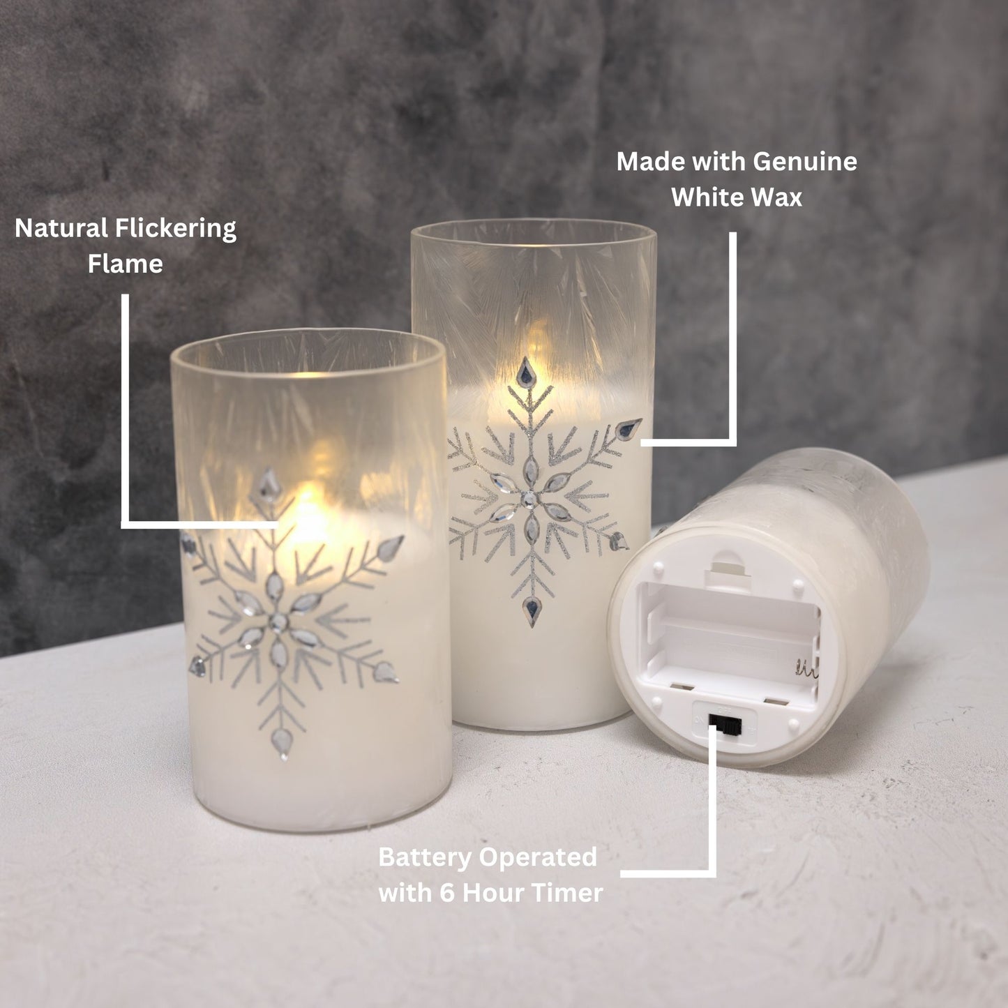 Battery Operated Glass Snowflake Hurricanes - Set of 3