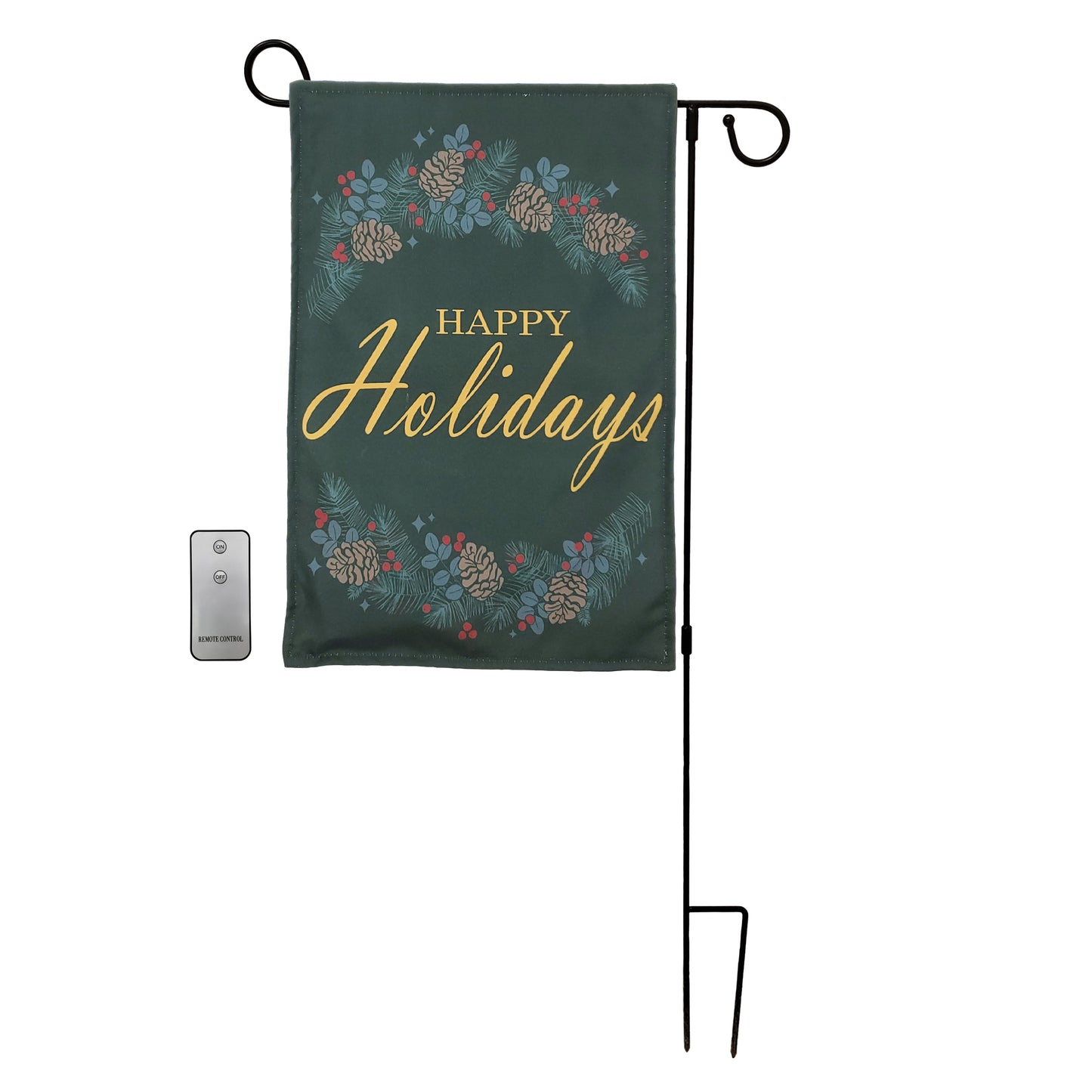 Battery-Operated Lighted LED Outdoor Banner with Garden Flag Stand - Happy Holidays
