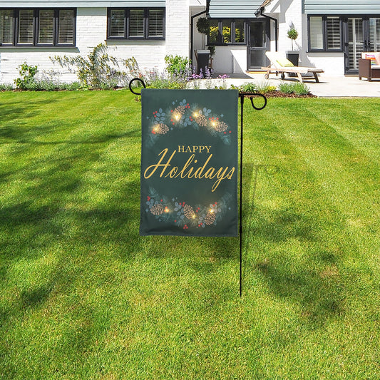 Battery-Operated Lighted LED Outdoor Banner with Garden Flag Stand - Happy Holidays