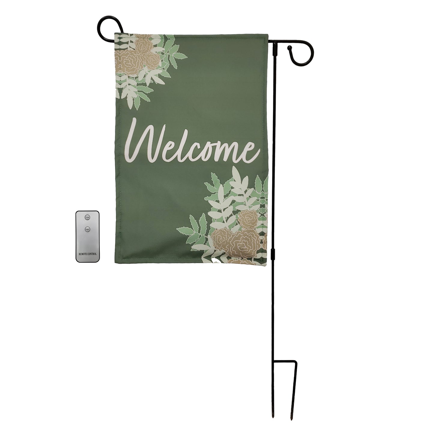 Battery-Operated Lighted LED Outdoor Banner with Garden Flag Stand - Welcome