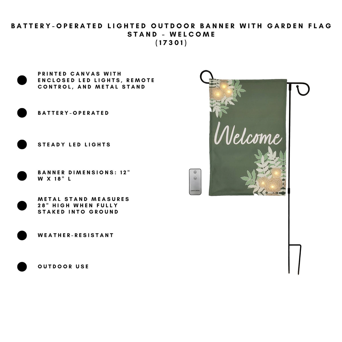 Battery-Operated Lighted LED Outdoor Banner with Garden Flag Stand - Welcome
