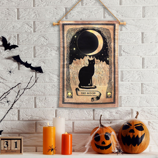 Battery-Operated Lighted Wall Banner - Black Cat and Moon