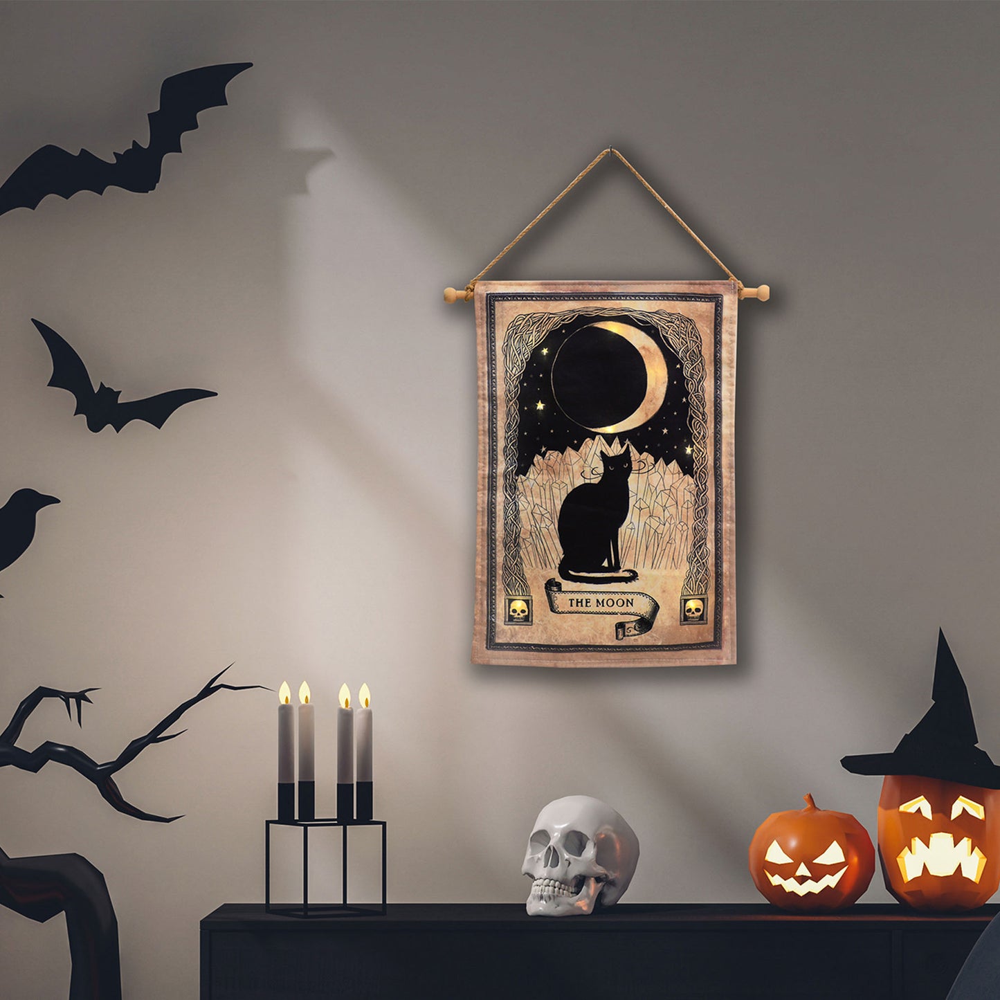 Battery-Operated Lighted Wall Banner - Black Cat and Moon