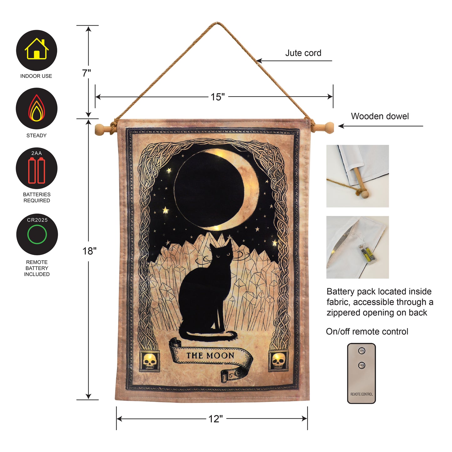 Battery-Operated Lighted Wall Banner - Black Cat and Moon
