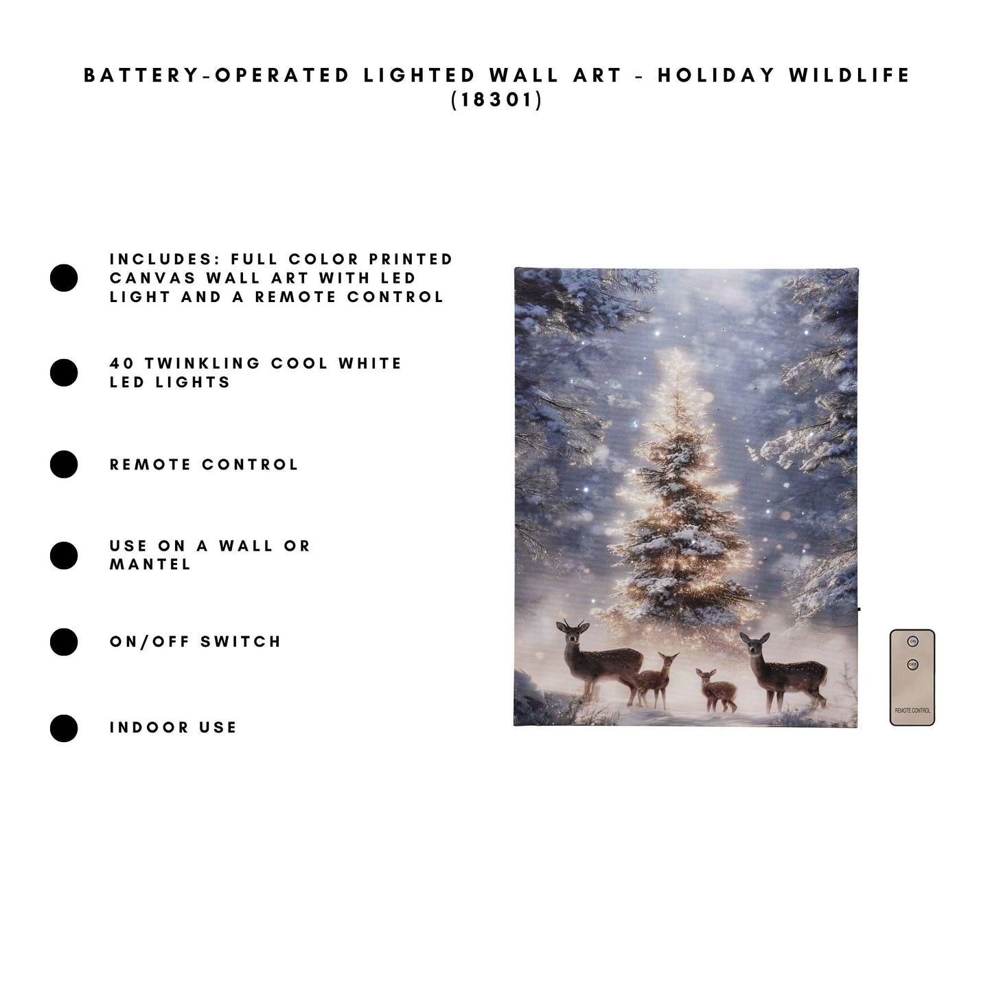 Battery operated lighted wall art of deer family in snowy forest with specs and remote control.
