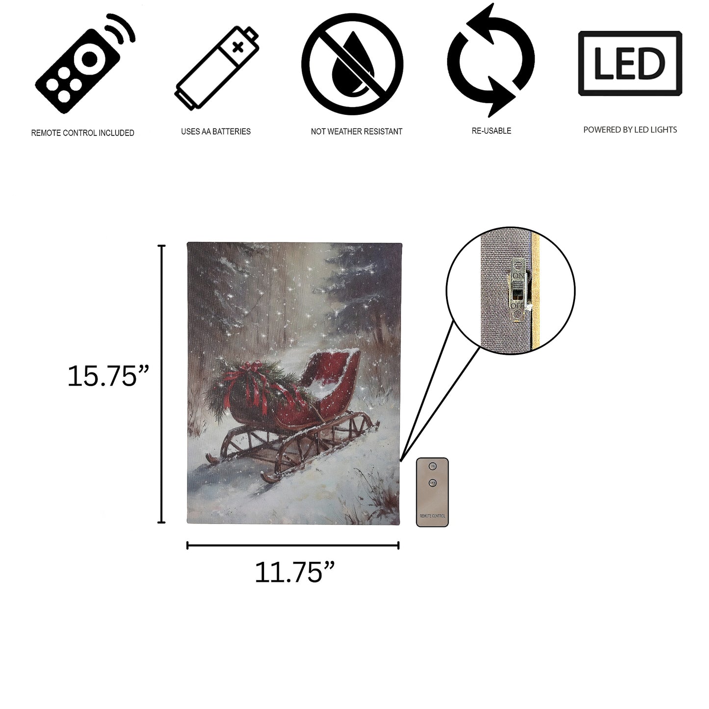 Lighted Winter Sleigh wall art featuring red sleigh adorned with red ribbons and evergreen boughs in snowy forest with remote control, specs and dimensions.