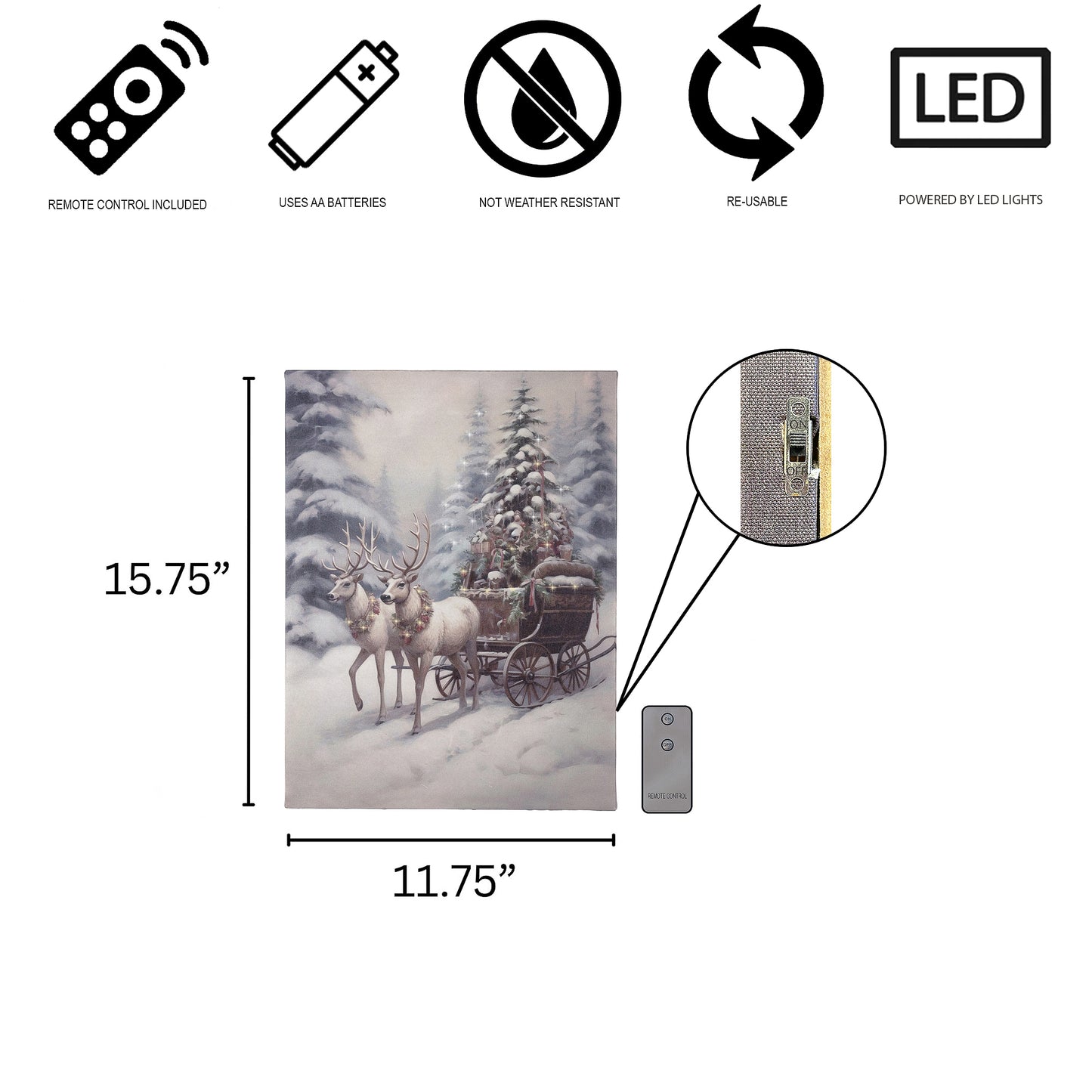 A lighted canvas wall art of two reindeer pulling a sleigh filled with a tree and presents in a snow covered forest with remote control, specs and dimensions.