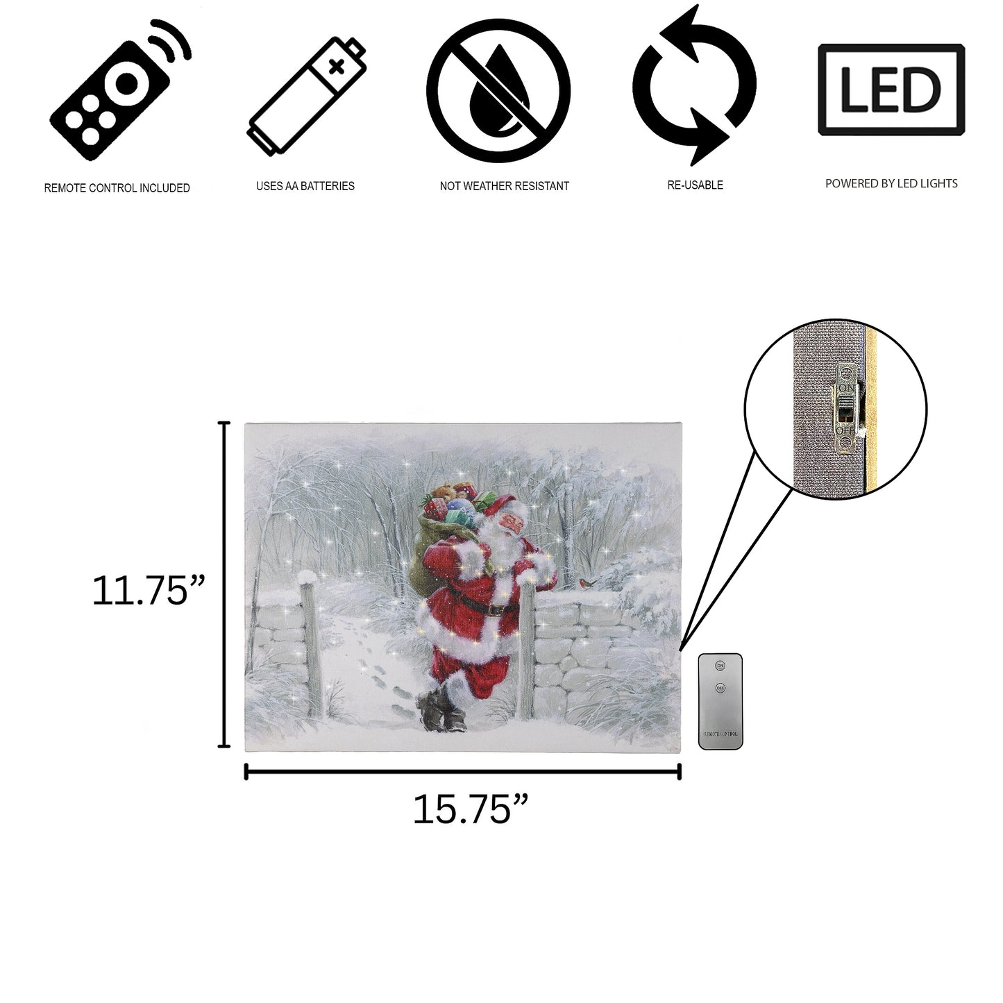Lighted snowy Santa wall art with remote control, specs and dimensions.