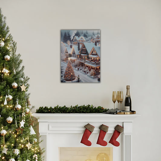 Snowy Christmas town lighted wall art above mantle decorated for Christmas.