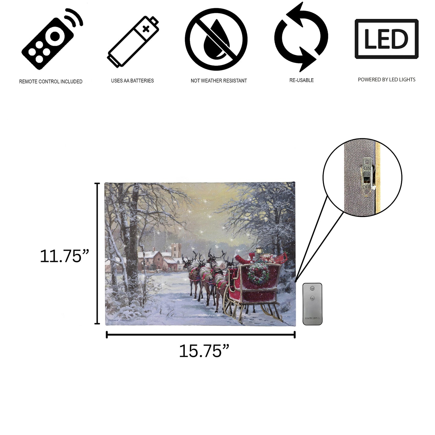 Santa sleigh ride lighted wall art and remote control with specs and dimensions.