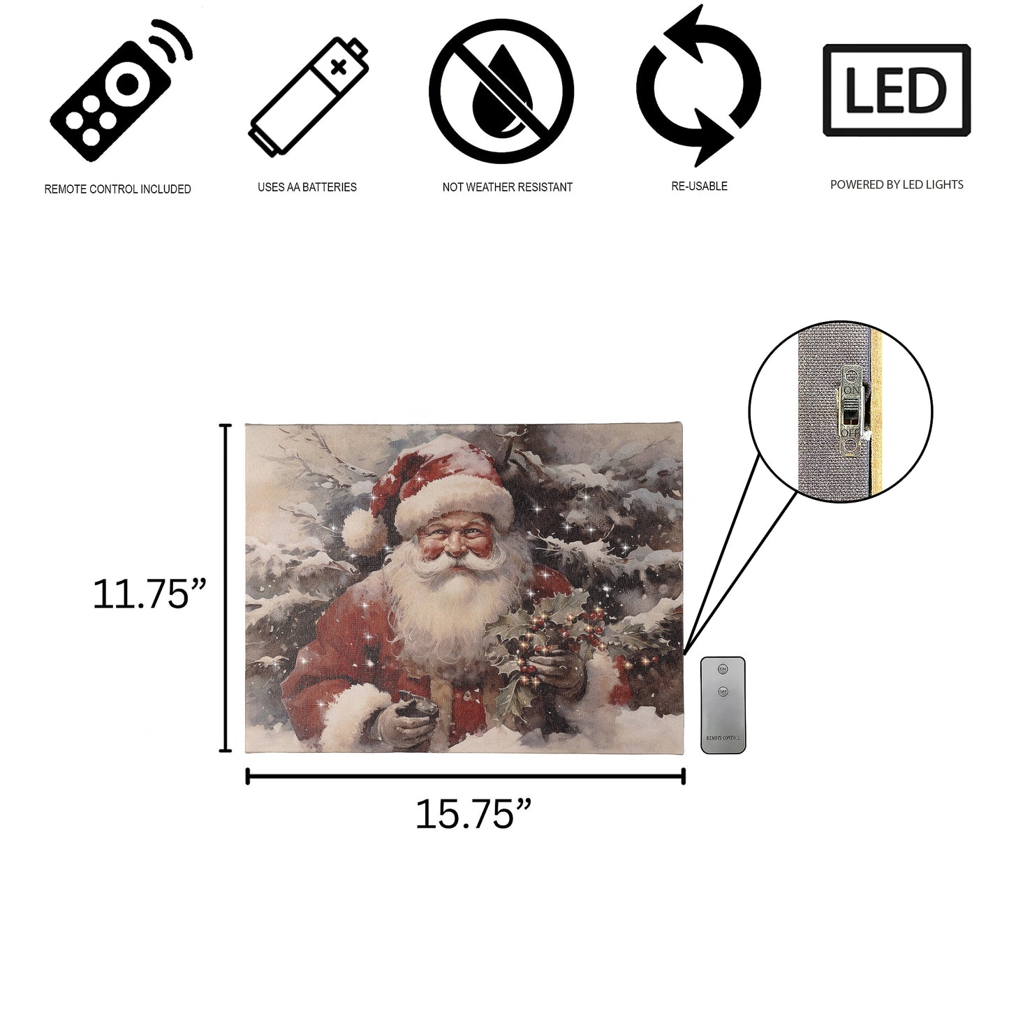Lighted wall art Santa in snowy forest with product specs and dimensions.