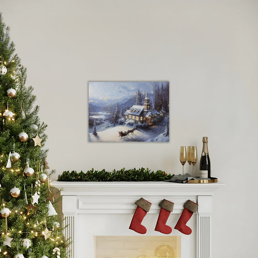 Decorated Christmas tree with stockings and a winter-themed wall art above a fireplace.