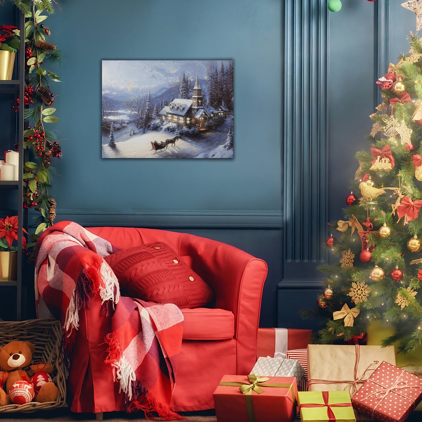 Cozy living room with a red armchair, Christmas tree, and presents against a blue wall.