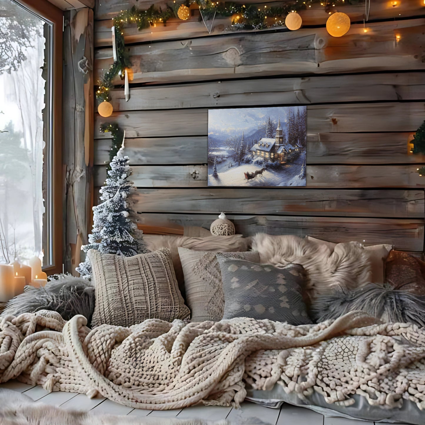 Cozy living room with wooden walls, a small Christmas tree, and festive decorations.